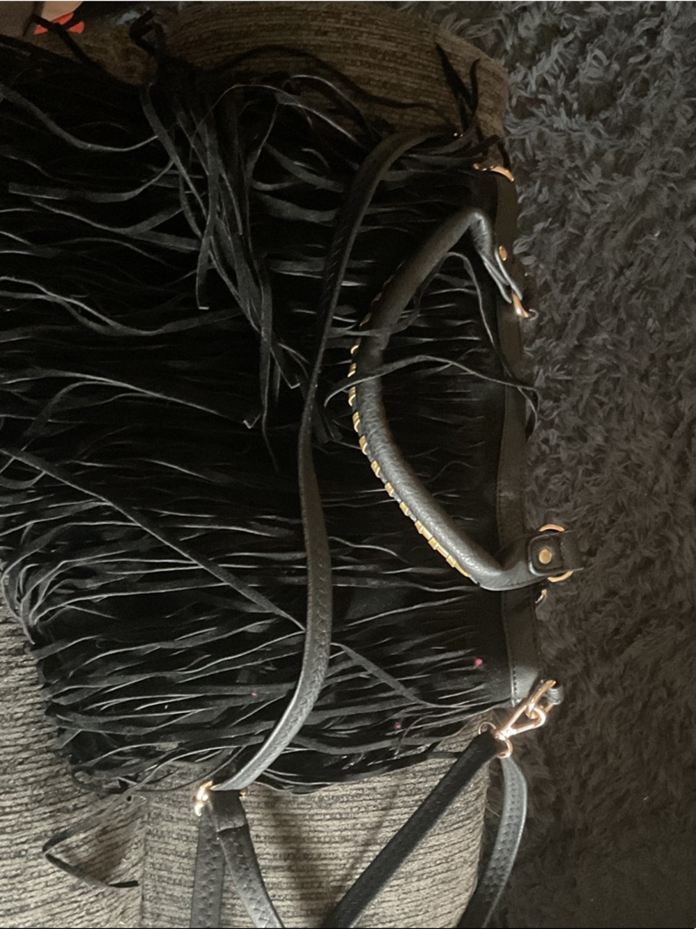 Heritage Black Fringe Shoulder Bag with Gold Hardware